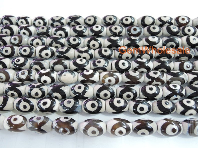 14.5 Black color Bulk tibetan Dzi beads oval shape 10x14mm rice beads, black Dzi agate rice beads with eye, semi-precious stone image 3