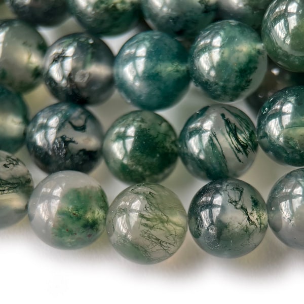 15" AA 6mm/8mm Natural Moss agate round beads, Natural Green gemstone, semi-precious stone, DIY jewelry beads, gemstone wholesaler