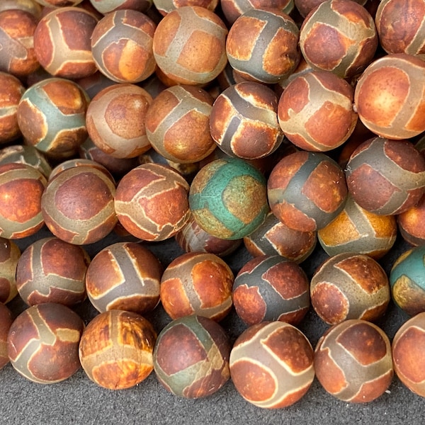 15" 8mm Antique Brown Green tibetan Dzi agate round beads, semi-precious stone, BGJO