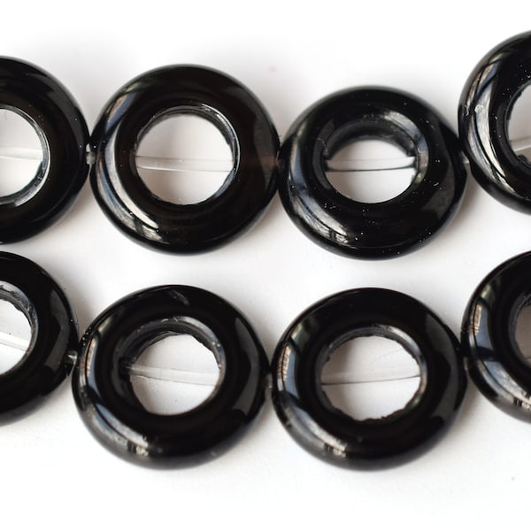 15.5" 10mm Black agate donut, Black onyx round circle, semi-precious stone, DIY beads, gemstone supply, big black stone circle