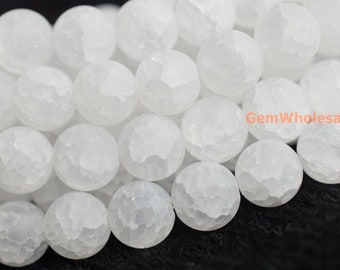 15.5" Natural 8mm/10mm/12mm Matte cracked rock crystal quartz round beads, white gemstone, frosted crack quartz JGX