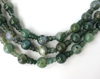 5 SETS Green Moss agate 3 hole beads,T-Beads Set, Guru Beads, Prayer Beads, Mala Making Cones Beads, T hole set, big hole beads