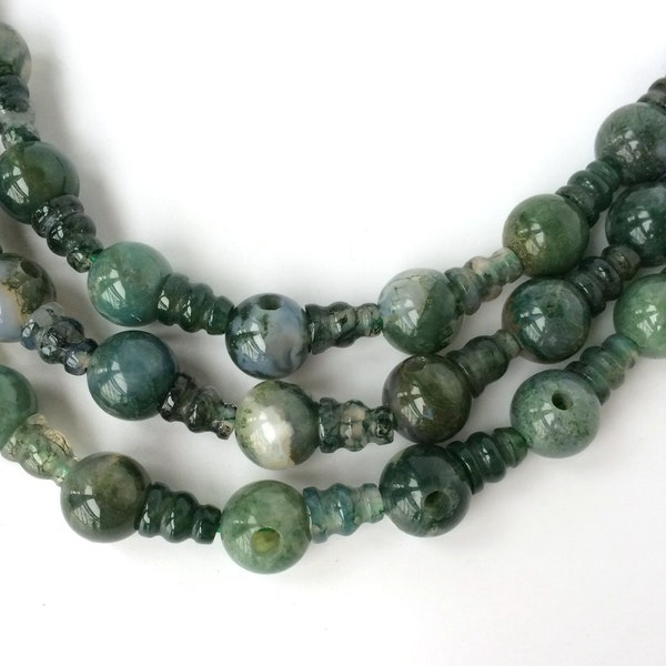 5 SETS Green Moss agate 3 hole beads,T-Beads Set, Guru Beads, Prayer Beads, Mala Making Cones Beads, T hole set, big hole beads