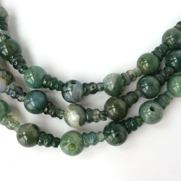 5 ENSEMBLES de perles d’agate de mousse verte à 3 trous, ensemble de perles en T, perles de gourou, perles de prière, perles de cônes de fabrication de Mala, ensemble de trous en T, perles à gros trous