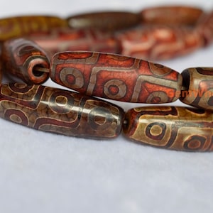 14&quot; Antique Dark Brown Bulk tibetan Dzi 13~14x40mm barrel beads, Brown Dzi agate rice beads, antique DZI drum beads,9 eye,N