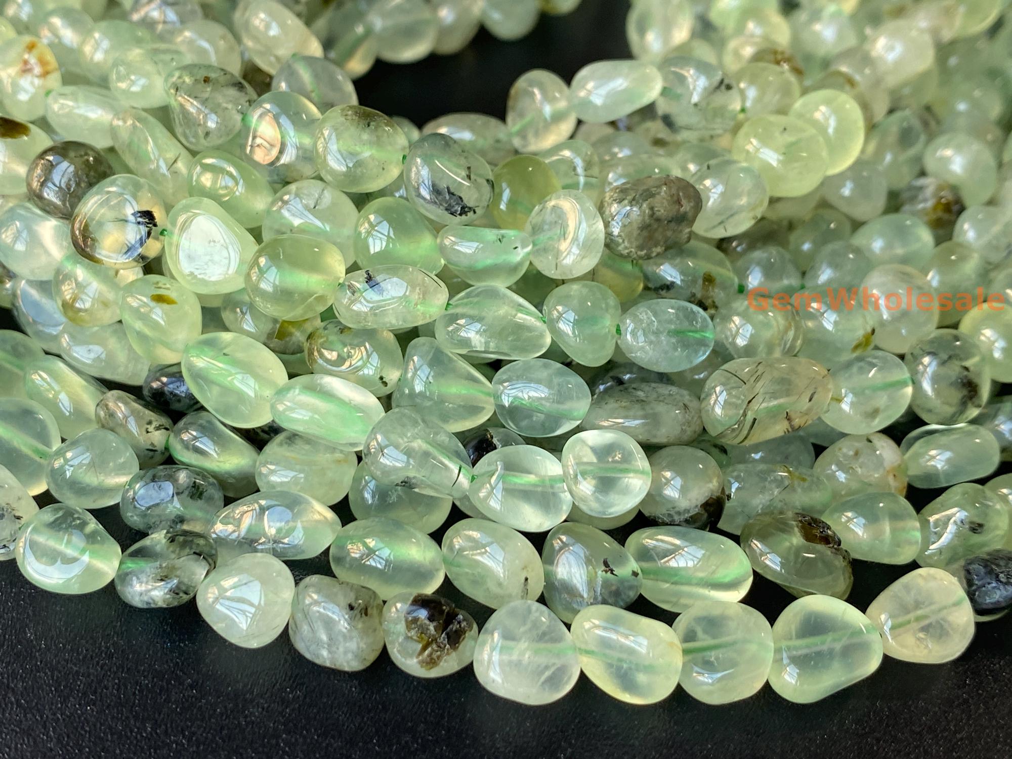 Collier Perles Prehnite Naturelle - Pierres En Pépites 10-11mm, Vert Translucide, 199 Carats - Inde