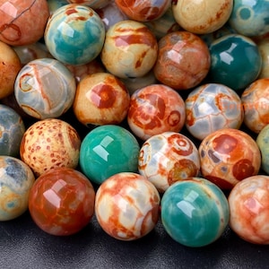 Cuentas redondas de ágata de fuego con rayas verdes y naranjas de 15" (8 mm/10 mm), ágata multicolor verde, piedra semipreciosa WGLO