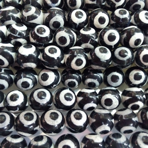 14.5" Black color Bulk tibetan Dzi round beads 8mm/10mm/12mm, black Dzi agate beads with eye, semi-precious stone, white eye style BGJ