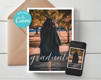 Modelo Canva editável - Anúncio de festa de formatura autoeditável com foto, modelo Canva de cartão de convite para formandos, festa de formatura