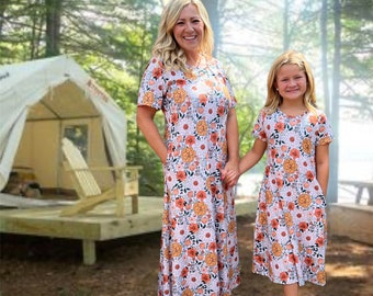 Maxi dress for women and girls mommy and me boho floral print short sleeve maxi dress fall print Jessie Lizzie