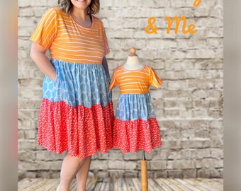Mommy and Me, 3 tier color block adult and girl dress, school dress, short sleeve yellow blue orange dress for all sizes including Plus size