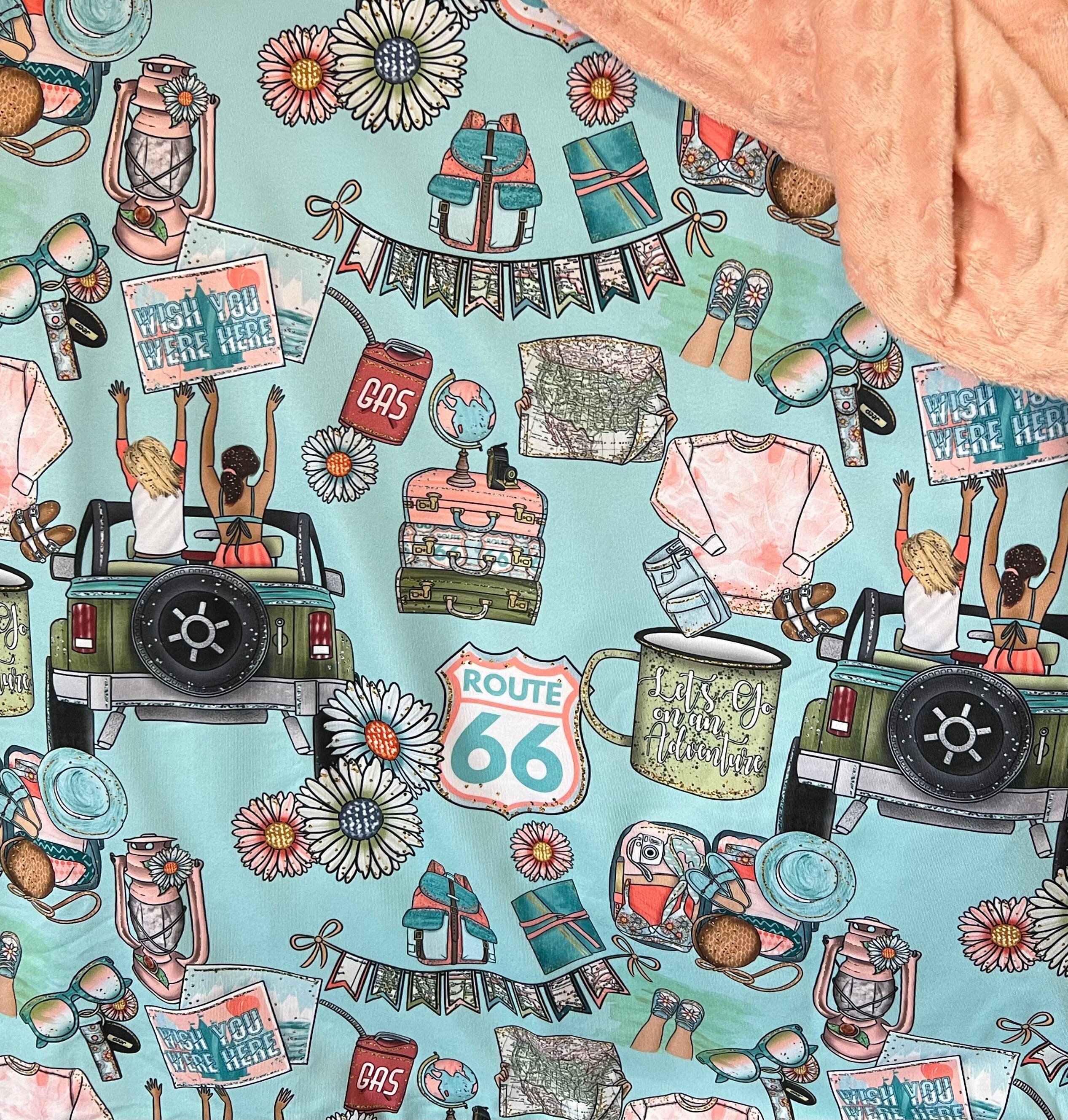 Blanket girl road trip vacation camping car trip fun throw road signs Route 66 blanket