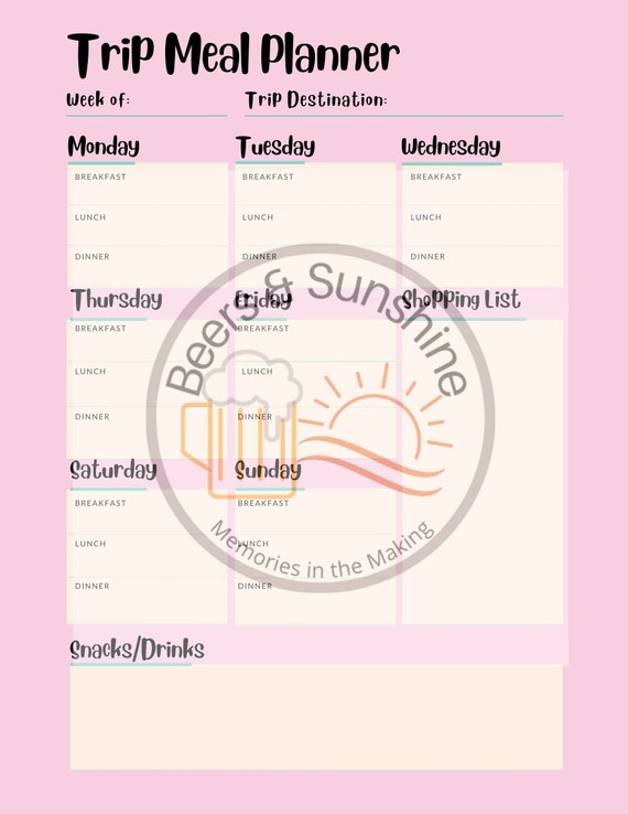 Camping Menu Planner Trip Meal Planner RV Travel Planner | Etsy