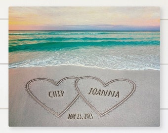 Personalized Lovers' Names Written in Sand on Beach - 16x20 | Wedding Gift, Anniversary Gift, Established Date