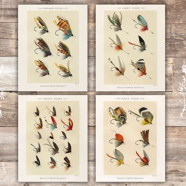 Vintage Fly Fishing Art Prints (Set of 4) - Unframed - 8x10