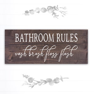 Bathroom Rules Wood Sign | Brush, Wash, Floss, Flush | FAST SHIPPING & Ready to Hang!