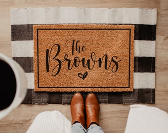 Custom Doormat w/ Family Name with Heart | Personalized Doormat | Housewarming Gift | Closing Gift | Welcome Mat | Wedding Gift