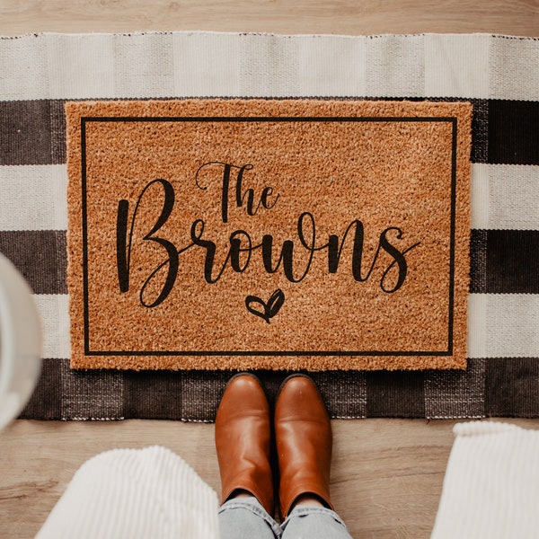 Custom Doormat w/ Family Name with Heart | Personalized Doormat | Housewarming Gift | Closing Gift | Welcome Mat | Wedding Gift