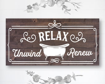 Relax Unwind Renew | Funny Bathroom Sign | Farmhouse Wood Sign | Bathroom Wall Decor | Fast Shipping & Ready to Hang!