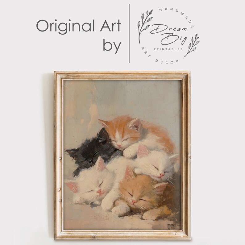 May include: A vintage painting of five kittens sleeping in a pile. The kittens are various shades of white, orange, and black. The painting is framed in a light wood frame.