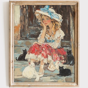 Pensive Beauty with Cats | Country Style Wall Art | Farmhouse Wall Décor with Cats | Living Room Pictures for Rustic Home