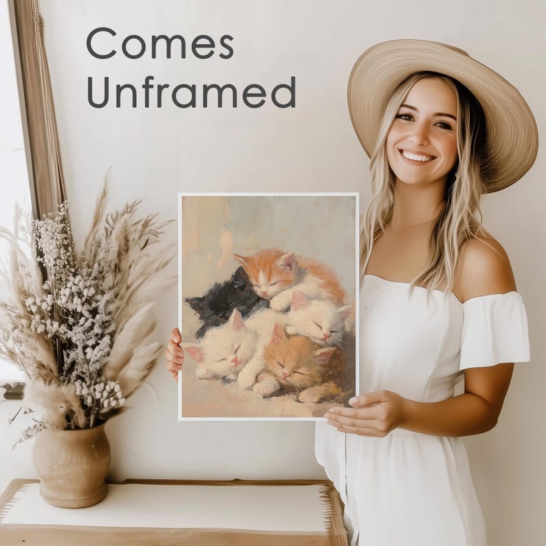 May include: A vintage painting depicting five kittens sleeping together. The kittens are a mix of white, orange, and black. The painting is set against a white background.
