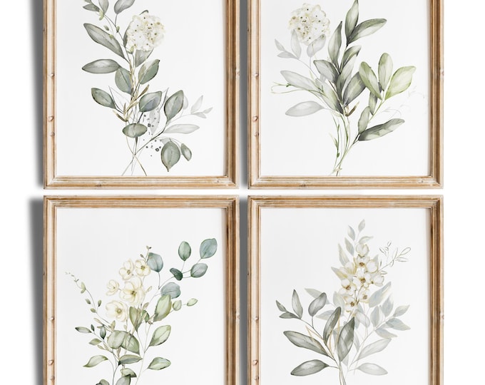 Botanical Watercolor Art Prints (Set of 4): Boho Floral Wall Decor