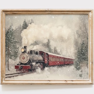 May include: A vintage-style painting of a red train engine pulling a string of red passenger cars through a snowy forest. The train is emitting steam and smoke, and the scene is set in a winter wonderland.
