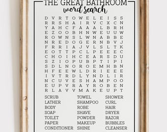 May include: A printable word search puzzle with the title "The Great Bathroom Word Search". The puzzle features a grid of letters with words related to bathrooms, such as "towel", "soap", "shower", and "makeup".