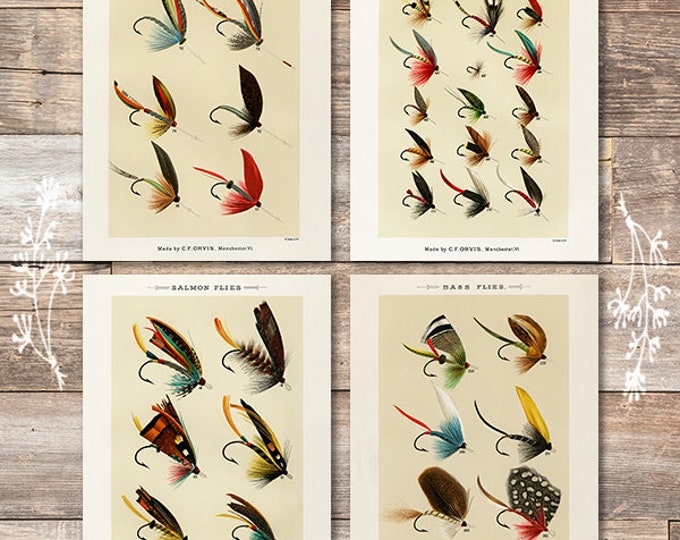 Vintage Fly Fishing Art Prints set of 4 8x10 Great Gift Etsy