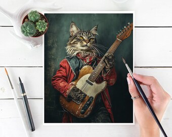 Rockstar Cat Guitar Art Print: Funny Musician Poster (digital
