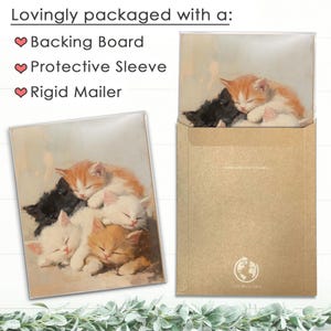 May include: A painting of five kittens sleeping on top of each other. The kittens are white, orange, and black. The painting is framed and ready to be shipped.