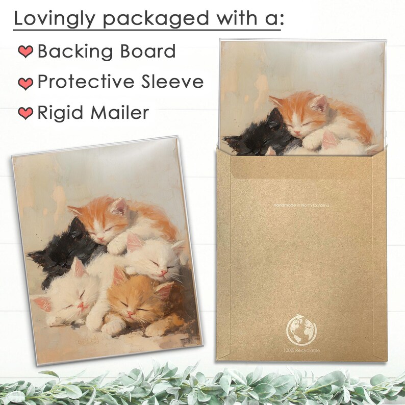 May include: A painting of five kittens sleeping on top of each other. The kittens are white, orange, and black. The painting is framed and ready to be shipped.
