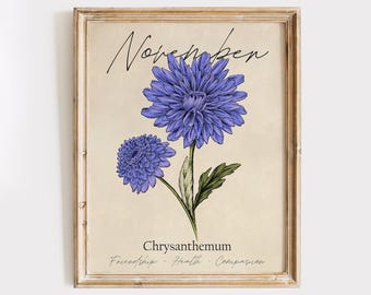 November Birth Flower - Cross Stitched Chrysanthemum Art Print | Wall Art