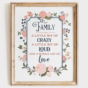 May include: A printable wall art design with a floral border and the text "FAMILY A LITTLE BIT OF CRAZY A LITTLE BIT OF LOUD AND A WHOLE LOT OF LOVE".