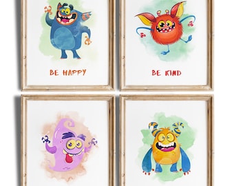 Nursery Monster Art Prints Set of 4 | Unframed 8x10s | Cute Wall Art for Kids