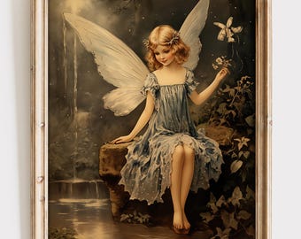 Enchanted Fairy Art Print: Vintage Waterfall Scene, Girls Room Decor