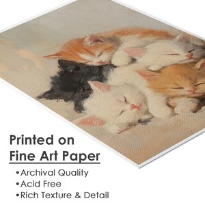 May include: A painting depicting four sleeping kittens. The kittens are a mixture of white, black, and orange. They are curled up together in a pile. The painting is in a realistic style.
