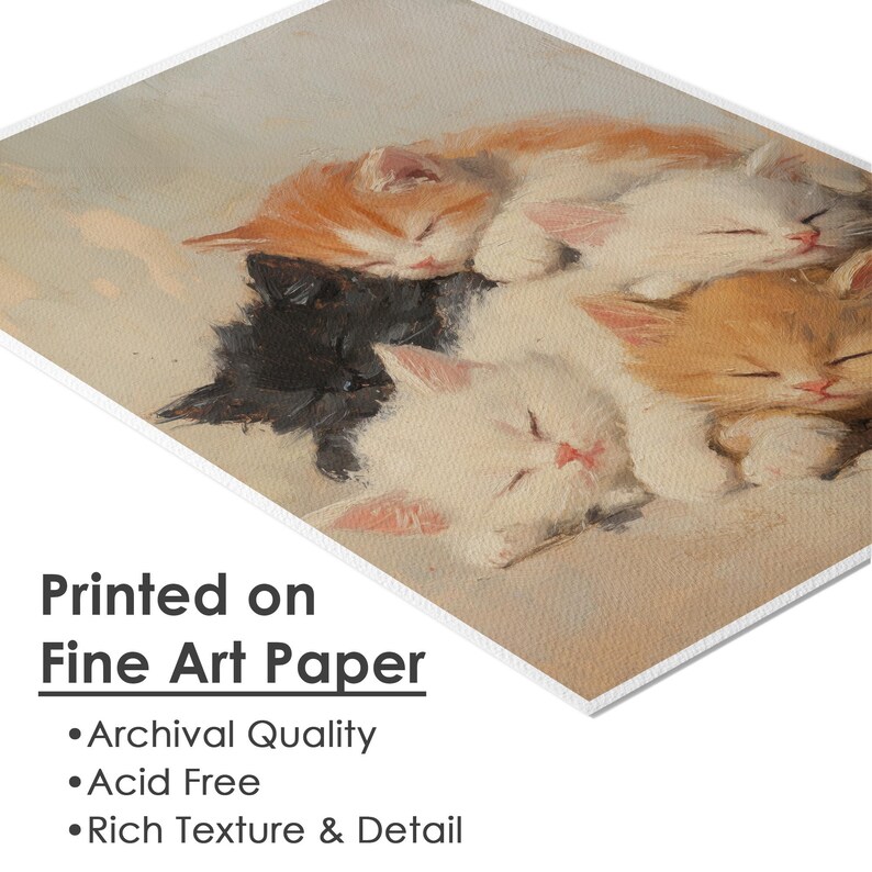 May include: A painting depicting four sleeping kittens. The kittens are a mixture of white, black, and orange. They are curled up together in a pile. The painting is in a realistic style.