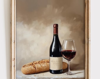 Wine and Bread Still Life Art Print: Rustic Kitchen Decor