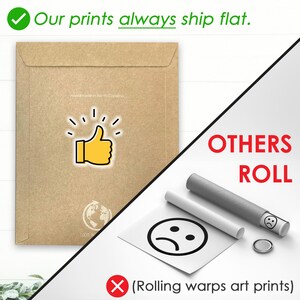 May include: A comparison of two ways to ship prints. On the left, a brown envelope with a thumbs up icon and the text "Handmade in North Carolina". On the right, a rolled up print with a sad face icon and the text "OTHERS ROLL (Rolling warps art prints)".