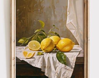 Lemon Still Life Art Print: Rustic Kitchen Wall Decor