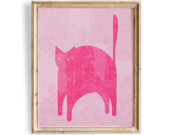 Pink Cat Art Print: Handmade USA Linen Texture Wall Decor