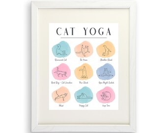 Könnte beinhalten: Ein druckbarer Poster mit einem hellblauen, rosa und gelben Aquarellhintergrund. Der Poster zeigt eine Reihe von Illustrationen von Katzen in verschiedenen Yoga-Posen, wobei der Name jeder Pose unter der Illustration steht. Der Titel des Posters lautet "CAT YOGA".