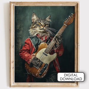 ギターを弾く面白い猫のプリント：ヴィンテージ動物写真（デジタル