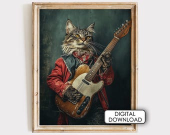 ギターを弾く面白い猫のプリント：ヴィンテージ動物写真（デジタル