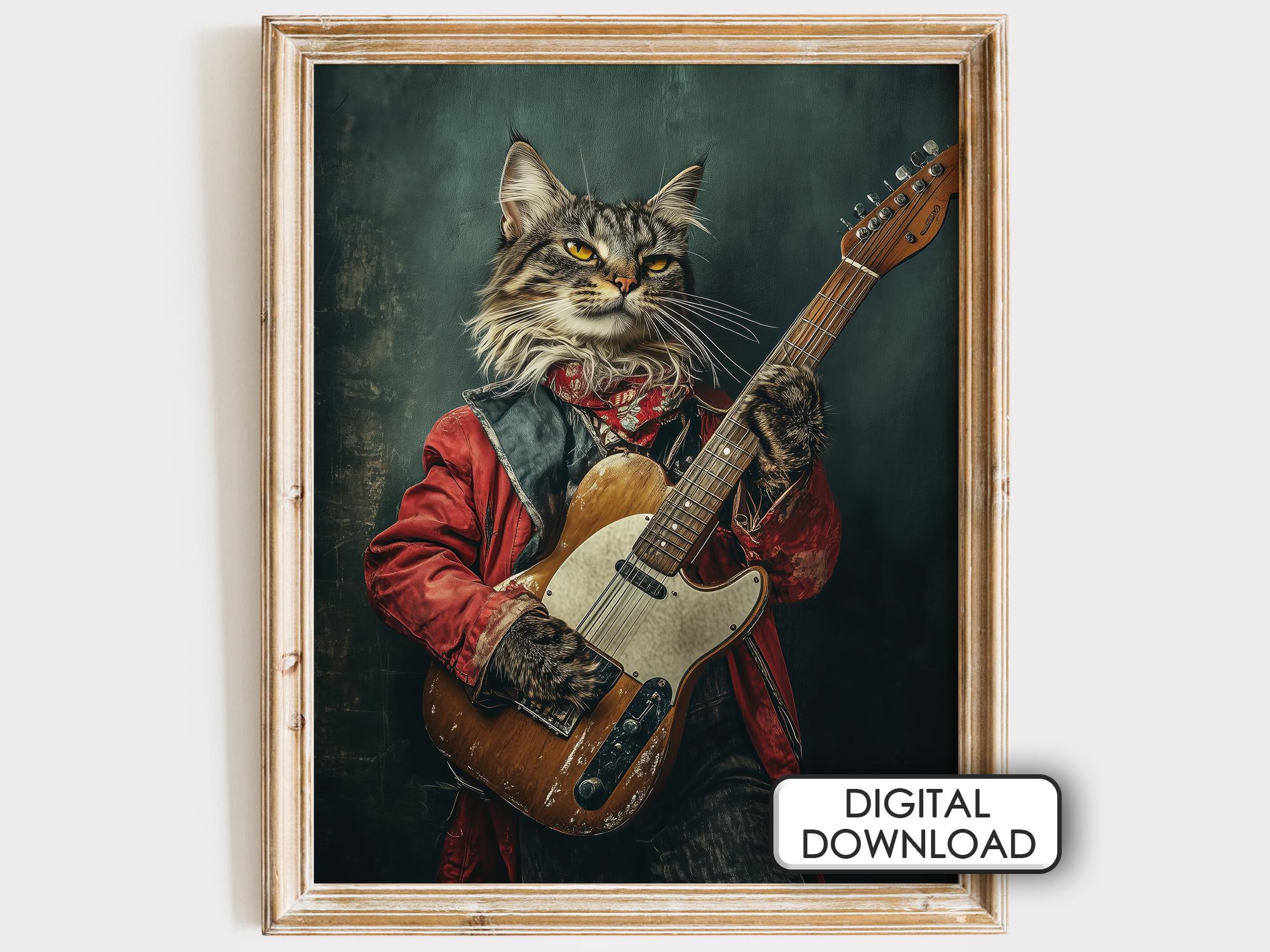 Guitar cat Rockstar Cat Guitar Art Print: Funny Musician Poster (digital