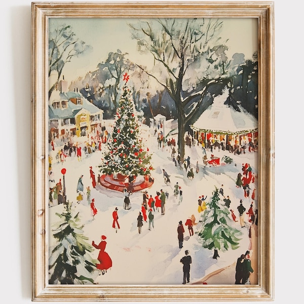 Winter Town Square Art Print: Festive Christmas Scene