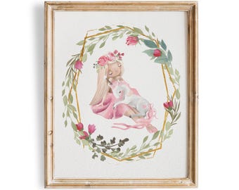 Unicorn Wall Décor For Girls Room |Girl With a Unicorn | Art Print - 8x10