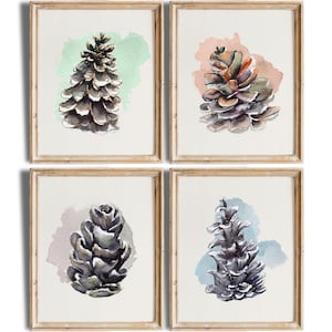Pine Cone Art Prints (Set of 4): Linen Texture, Cabin Decor